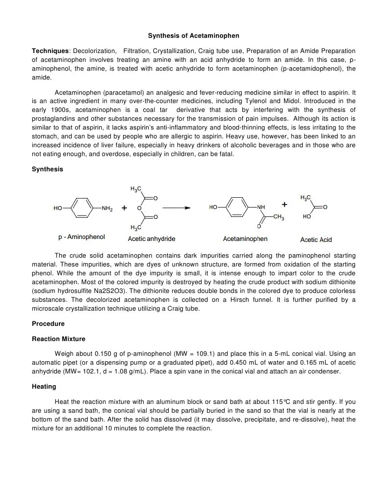 Synthesis of Acetaminophen Aspirin Chemical Substances