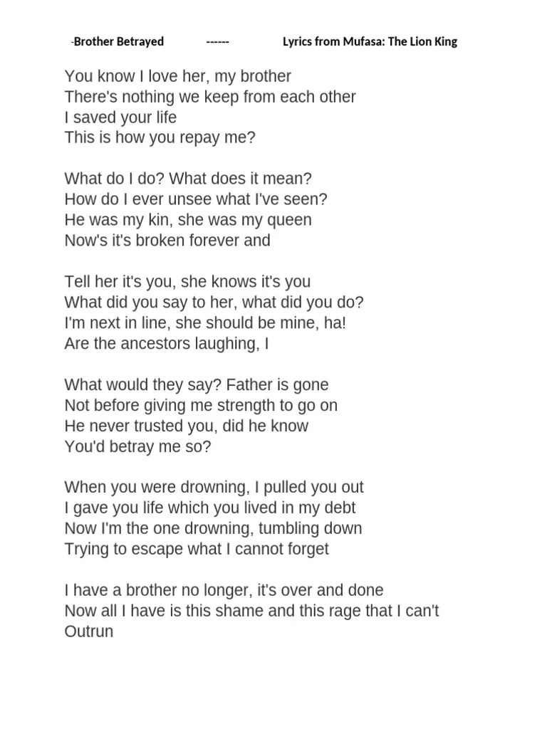Brother Betrayal Lyrics PDF