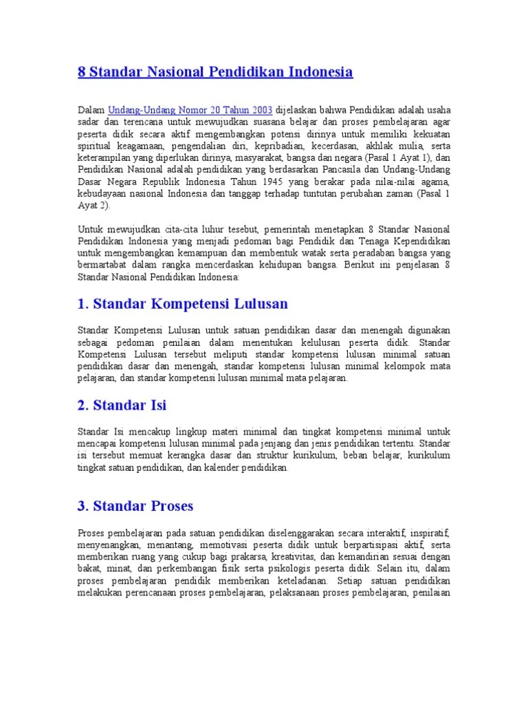 8 Standar Nasional Pendidikan Indonesia UndangUndang Nomor 20 Tahun 2003