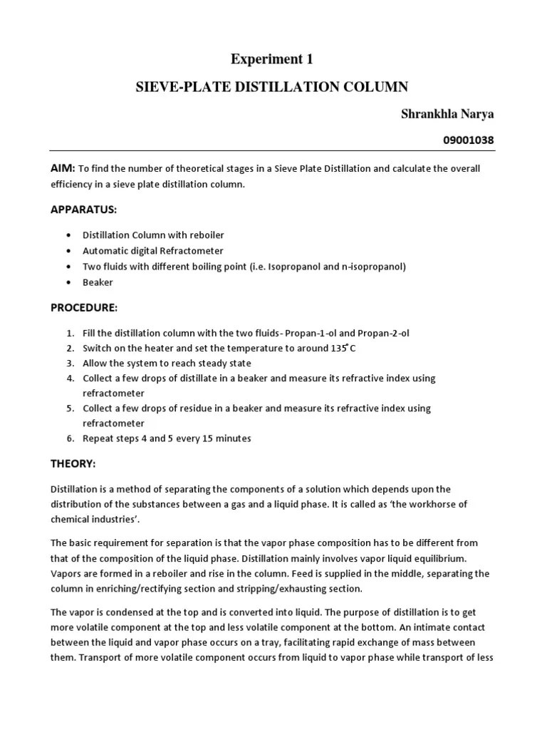 Sieve Plate Distillation Column Lab Report PDF Distillation