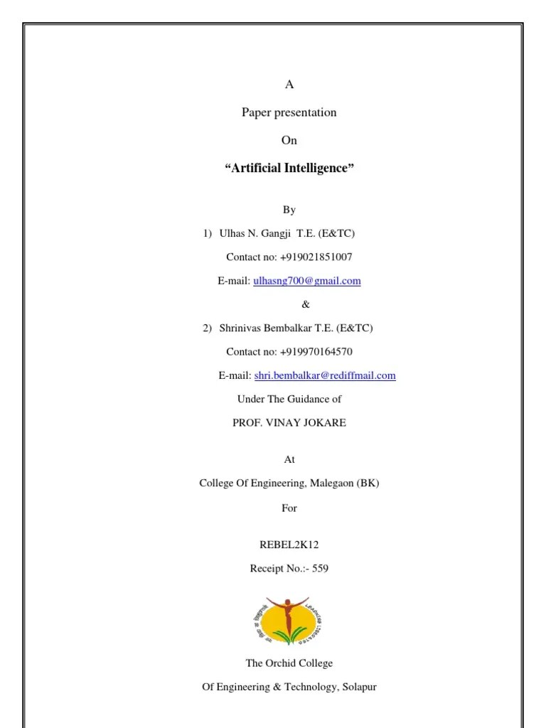 Paper On Artificial Intelligence PDF Artificial Intelligence