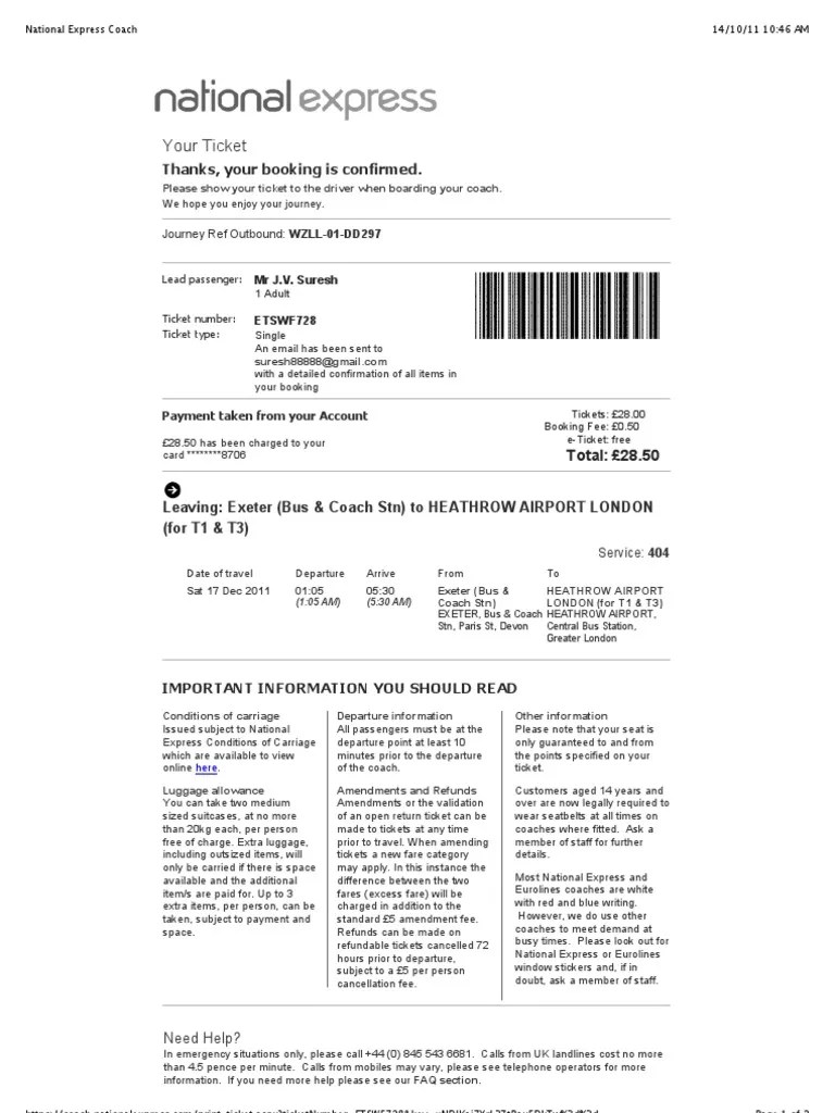 National Express Coach PDF Ticket (Admission) Public Transport