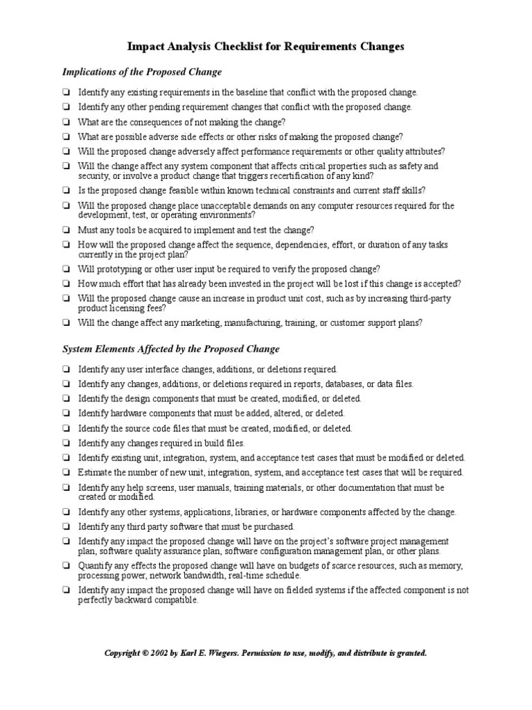 Impact Analysis Checklist for Requirements Changes Source Code