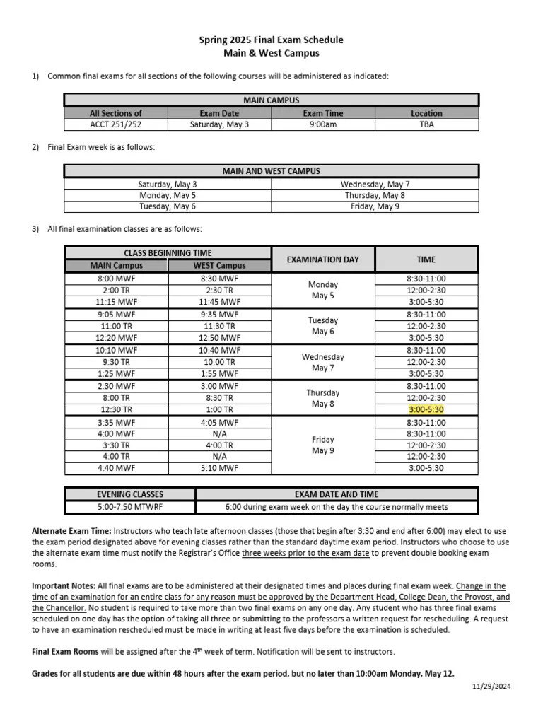 WCU Spring 2025 Final Exam Schedule PDF Qualifications Tests(09)