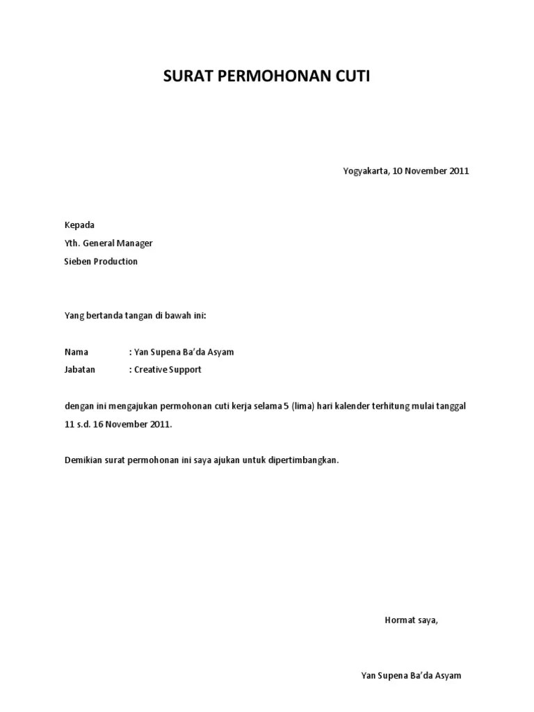 Contoh surat rasmi permohonan cuti tanpa gaji kerana sakit via suratras.blogspot.com. Contoh Surat Rasmi Pemberitahuan Cuti Sakit Brayat Solo