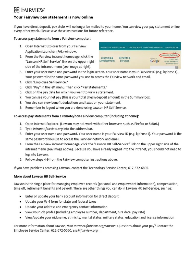 Accessing Fairview Pay Statements Online Pdf Password Login