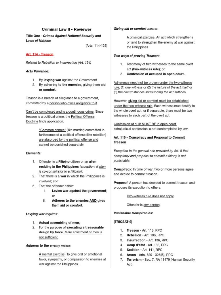 Criminal Law Ii Cheat Sheet Pdf Detention Imprisonment Treason