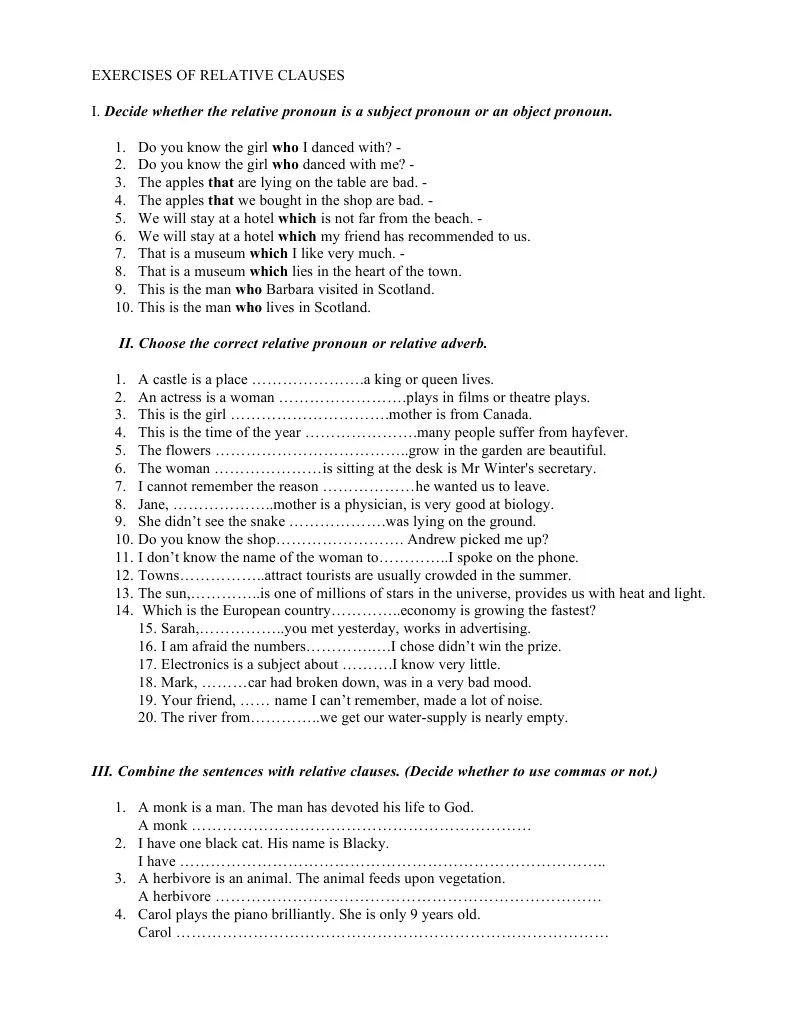 Exercises of Relative Clauses Language Mechanics Linguistics Free