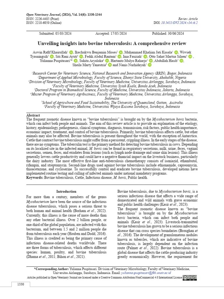 Unveiling Insights Into Bovine Tuberculosis A Comprehensive Review