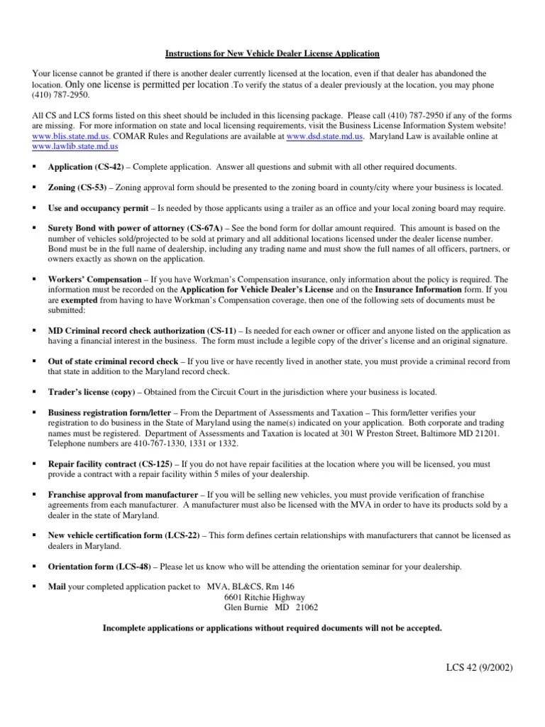Maryland Car Dealer License Application PDF Surety Bond Car