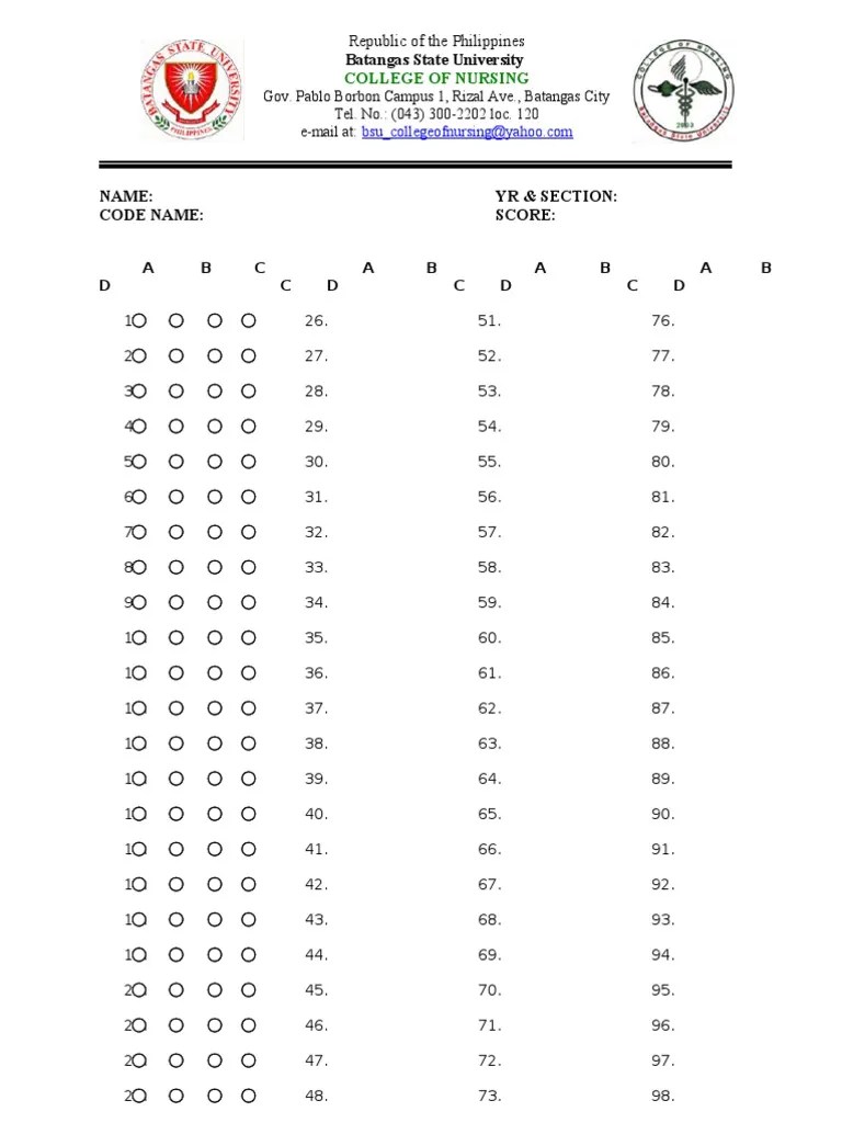 Answer Sheet (1-100)