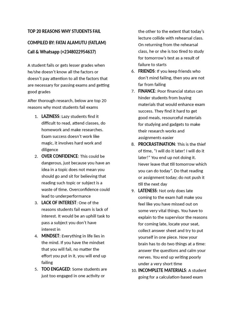 Top 20 Reasons Students Fail Exams PDF