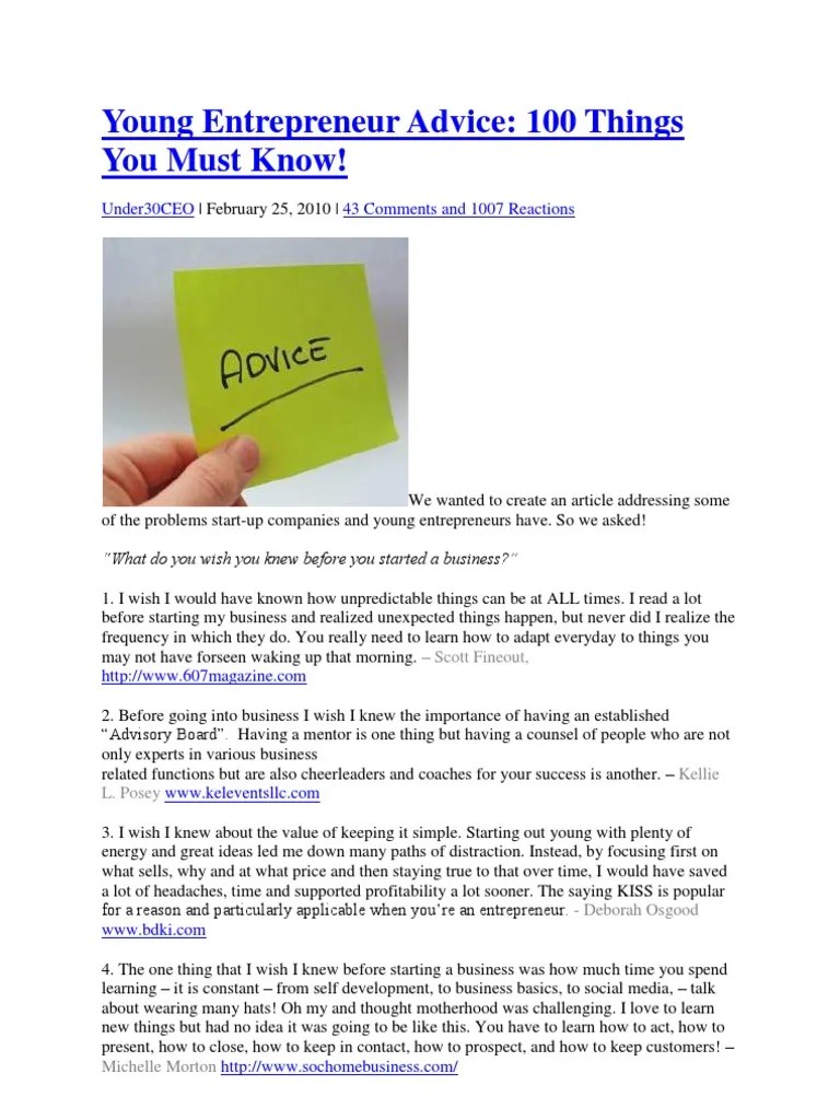 Young Entrepreneur Advice PDF Entrepreneurship Strategic Management