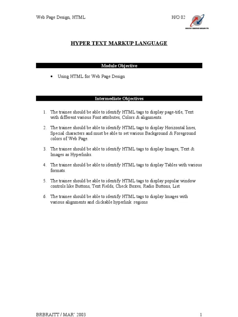 Hyper Text Markup Language Module Objective PDF Hyperlink Html