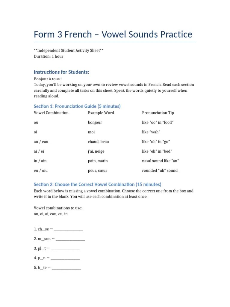Form3 French Vowel Sounds Practice PDF
