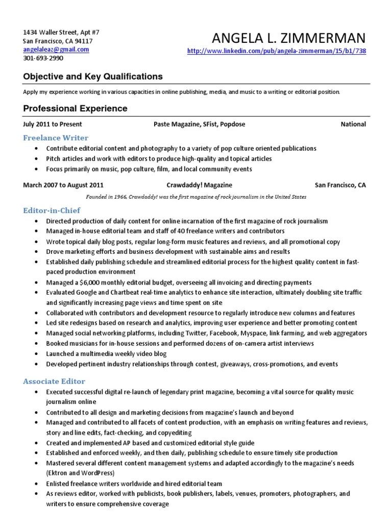 Angela Lea Zimmerman Resume PDF Editing Publishing