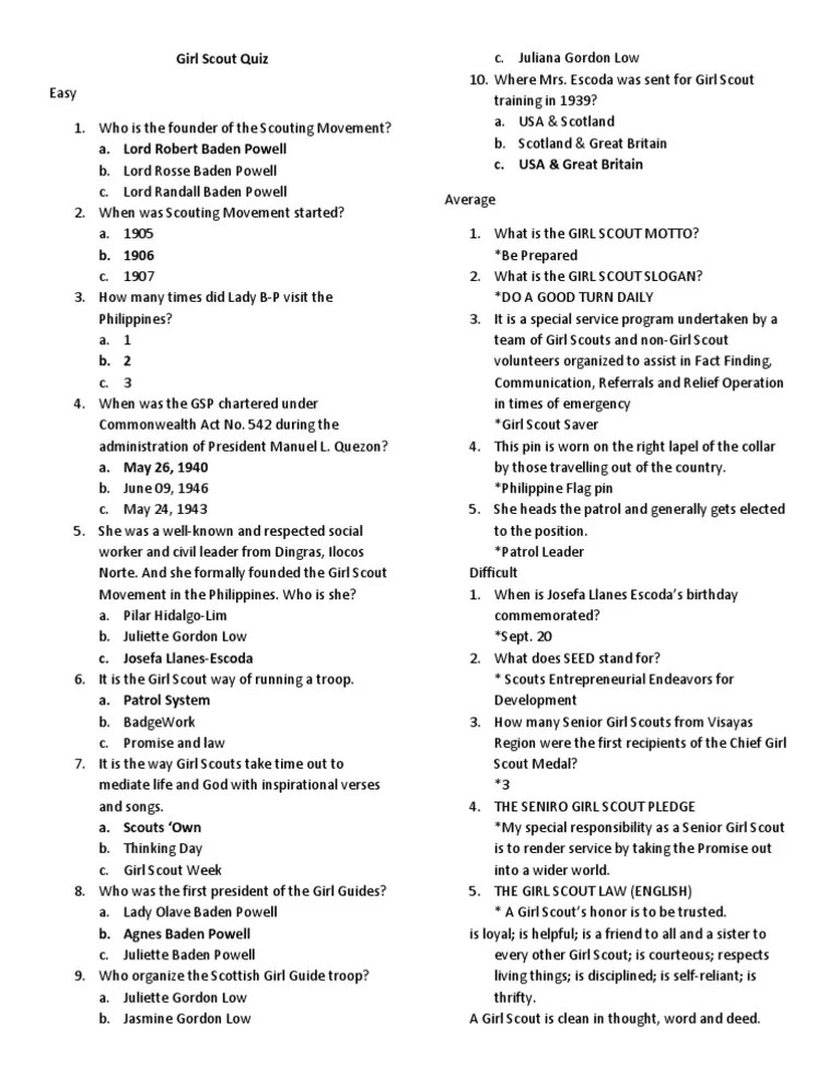 Girl Scout Quiz PDF Scouting Girl Guiding And Girl Scouting