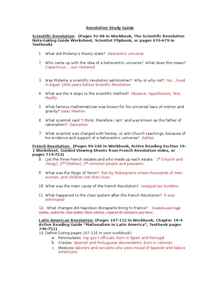 Revolution Study Guide With Answers Scientific Revolution Latin America