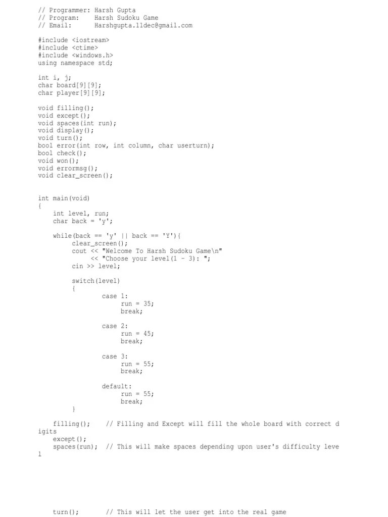 Sudoku Game (C++) PDF Computer Programming Computing