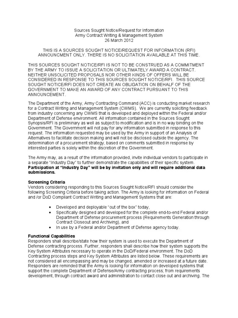 Sources Sought Notice/Request for Information Army Contract Writing