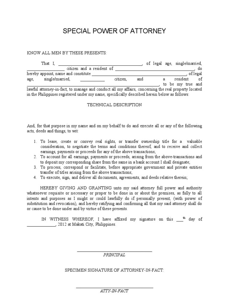 Special Power of Attorneyblank Power Of Attorney Notary Public