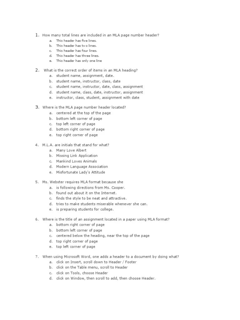 MLA Format Quiz Computing Technology