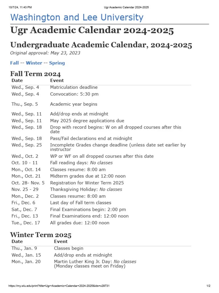 Wl Academic Calendar 20242025 Pdf Academia Higher Education
