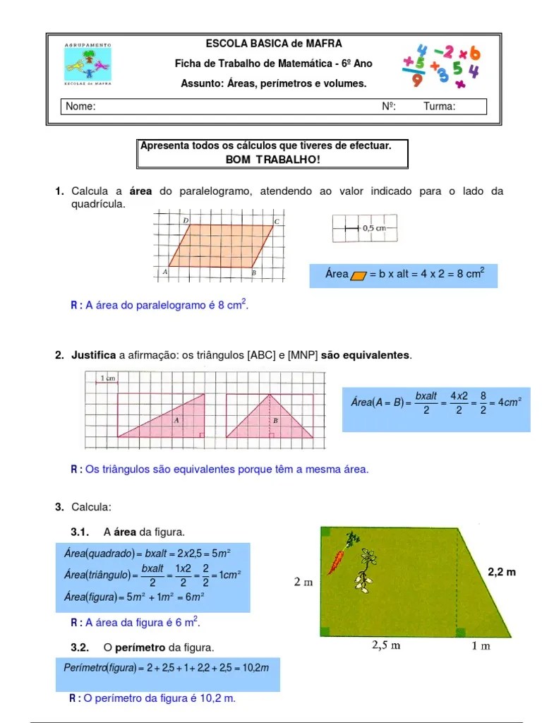 lista exercicio matematica 6 série área volume e perimetro