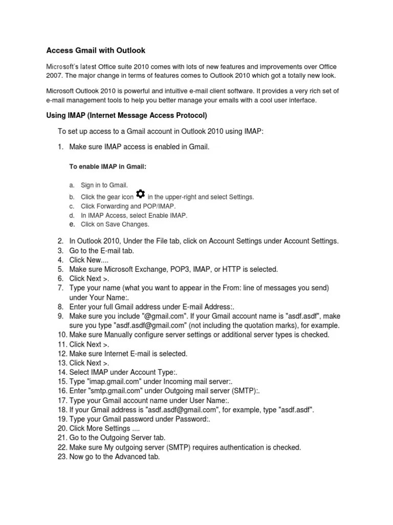 Access Gmail With Outlook Using IMAP Gmail Email