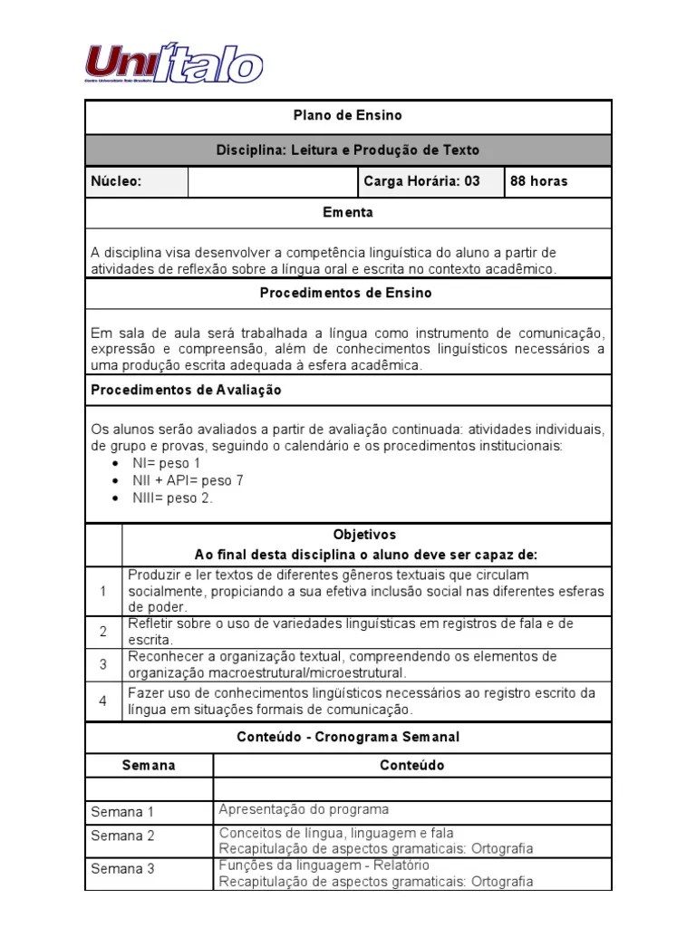 PLANO DE ENSINO LEITURA E PRODUÇÃO DE TEXTOS (2) Linguistics Grammar