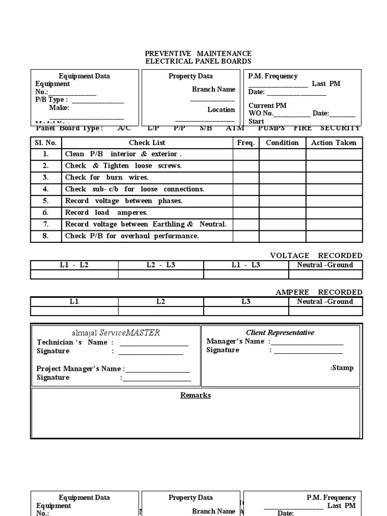 Preventive Maintenance Electrical Form