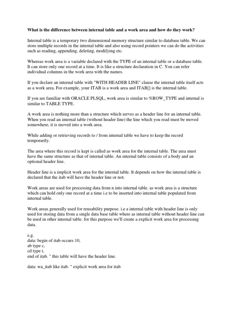 What is the Difference Between Internal Table and a Work Area and How