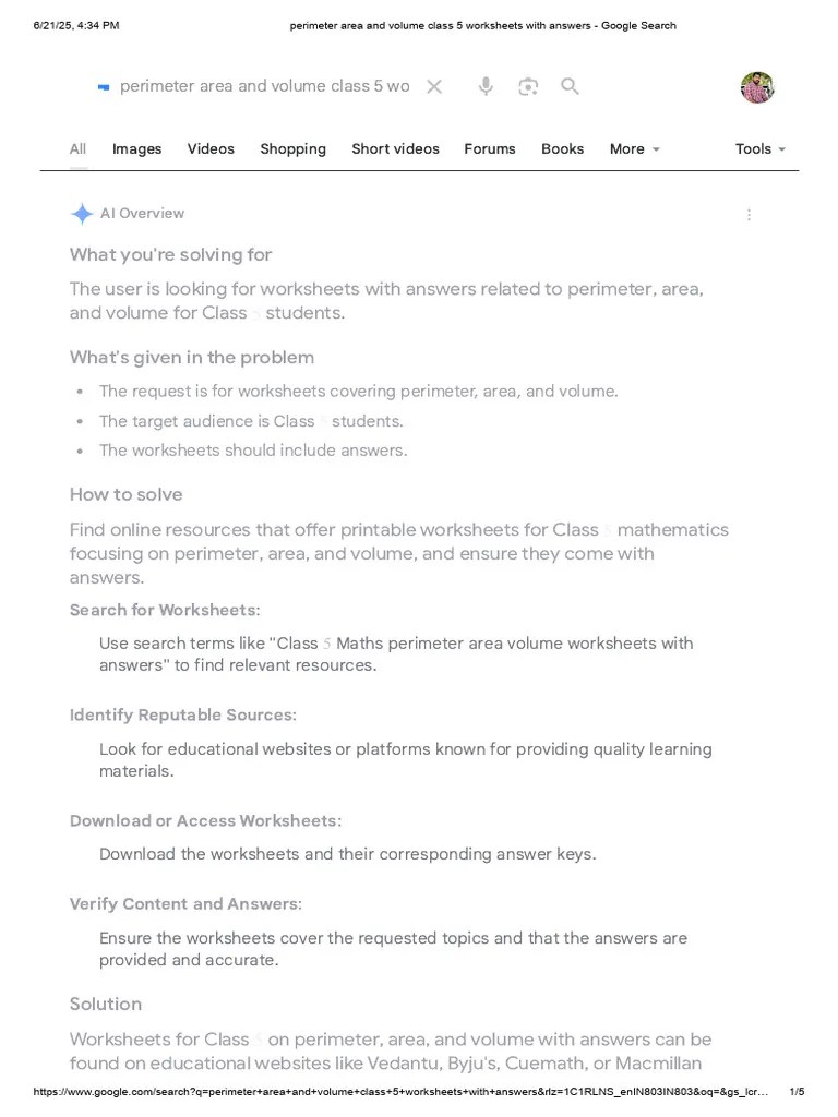 Perimeter Area and Volume Class 5 Worksheets With Answers - Google