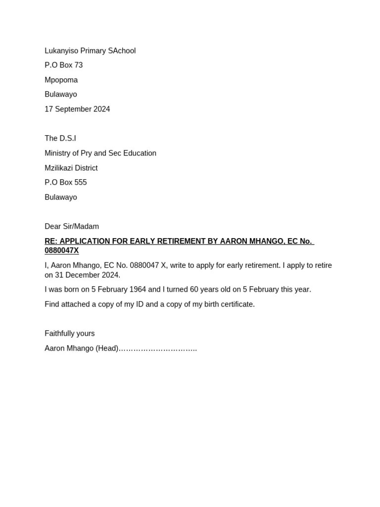 Early Retirement Application by Aaron Mhango PDF
