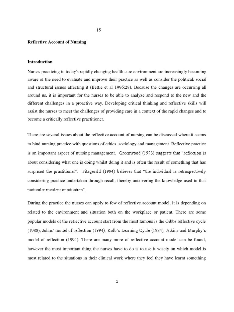 Reflective Account of Nursing1 PDF Reflective Practice Critical