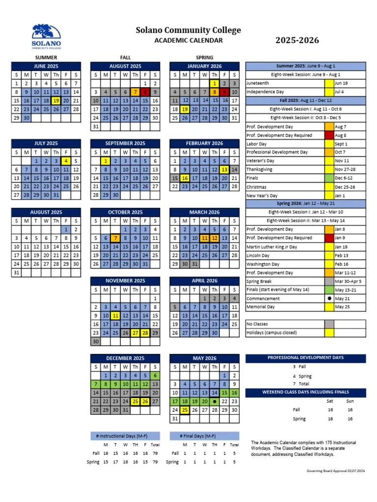 Solano Community College 202526 Calendar PDF Observances Holidays