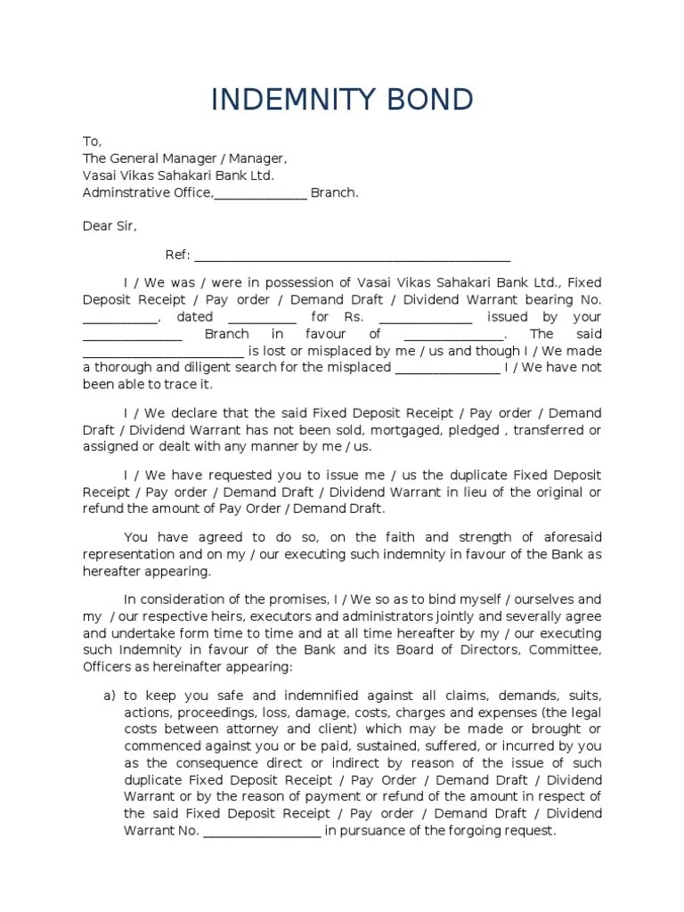 Indemnity Bond Indemnity Dividend