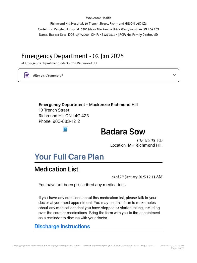 MyChart Past Visit Details PDF Emergency Department Medicine