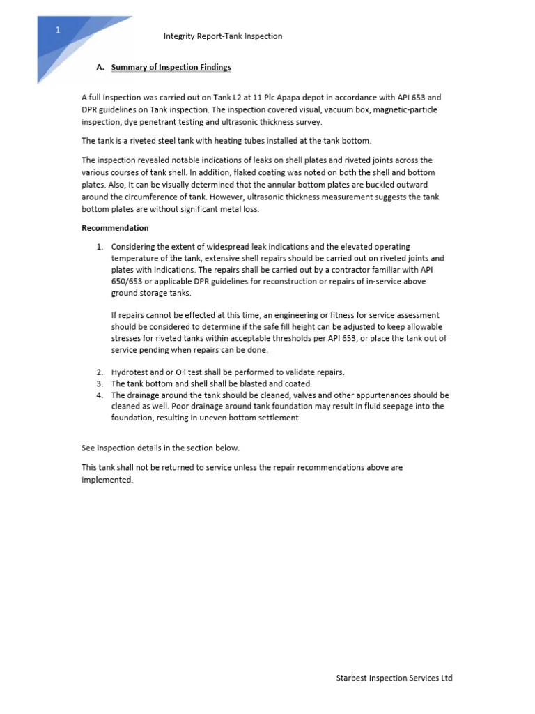 Tank L2 Integrity Report PDF Leak Corrosion
