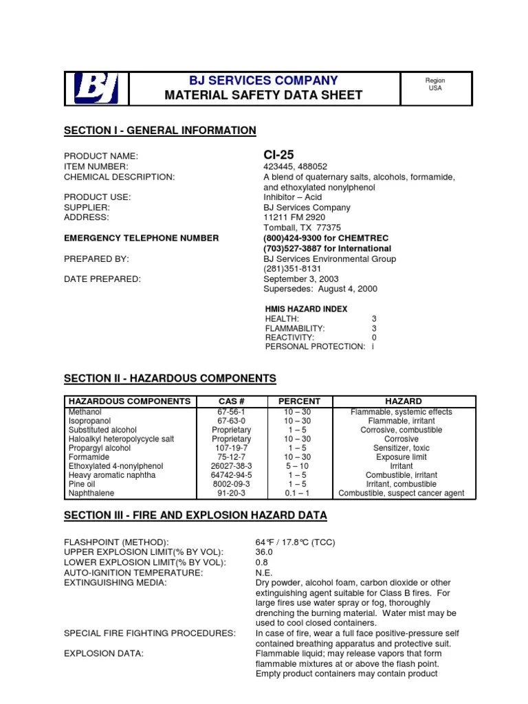 CI25 MSDS Dangerous Goods Combustion