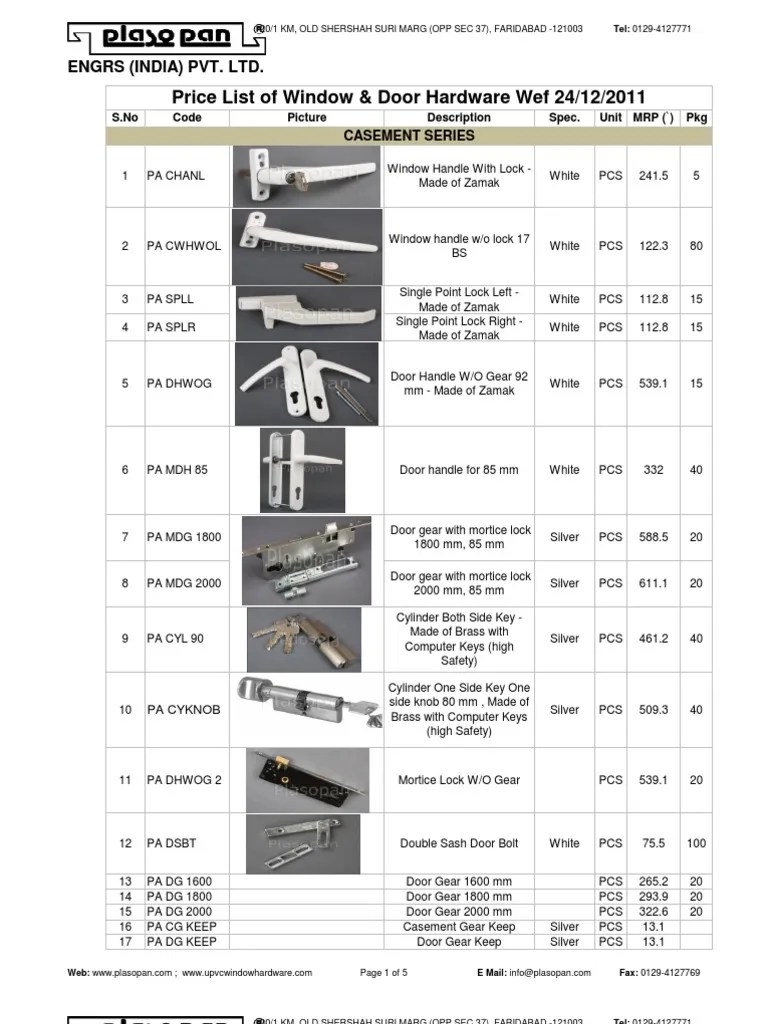 Window Hardware Price List 24 Dec 11 Door Building Materials