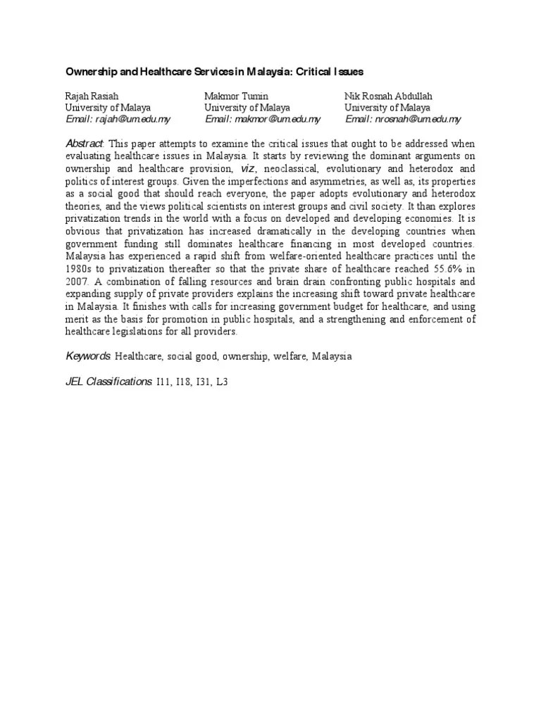 Ownership and Healthcare Services in Malaysia Privatization Health Care
