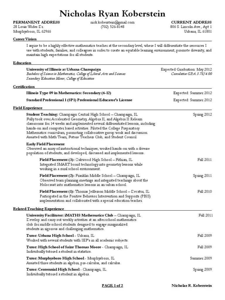 Resume | University Of Illinois At Urbana–Champaign | Secondary School