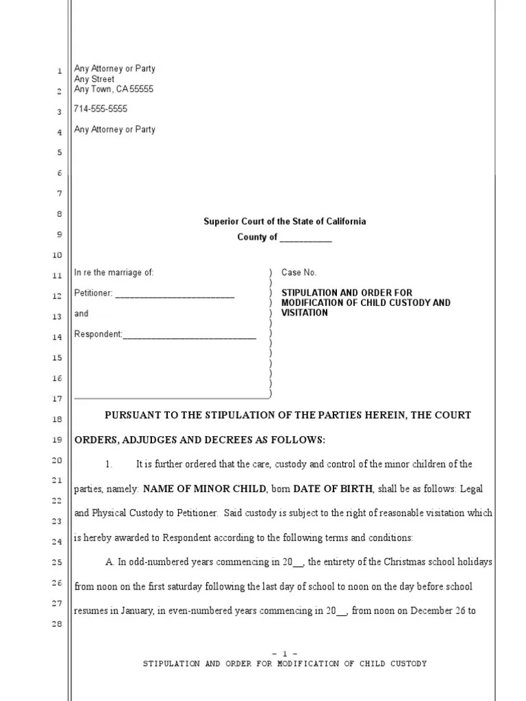 Sample Custody and Visitation Stipulation for California Child