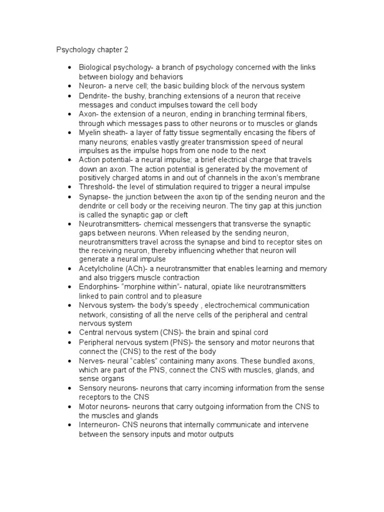 Myer's AP Psychology 8th edition Chapter 2 vocab Nervous System Neuron