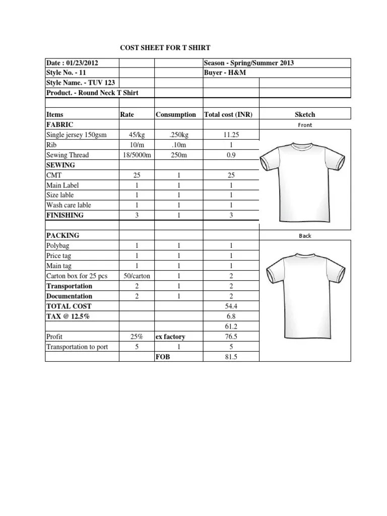Cost Sheet Shirt Fashion