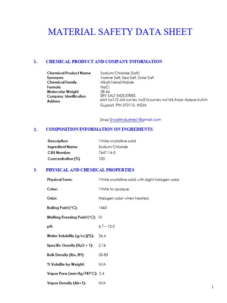 Sodium Chloride Safety Data Sheet PDF Dehydration Water