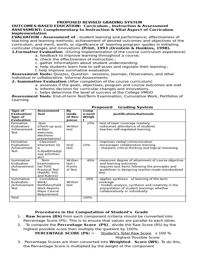 Proposed Revised Grading System Overview PDF Educational Assessment