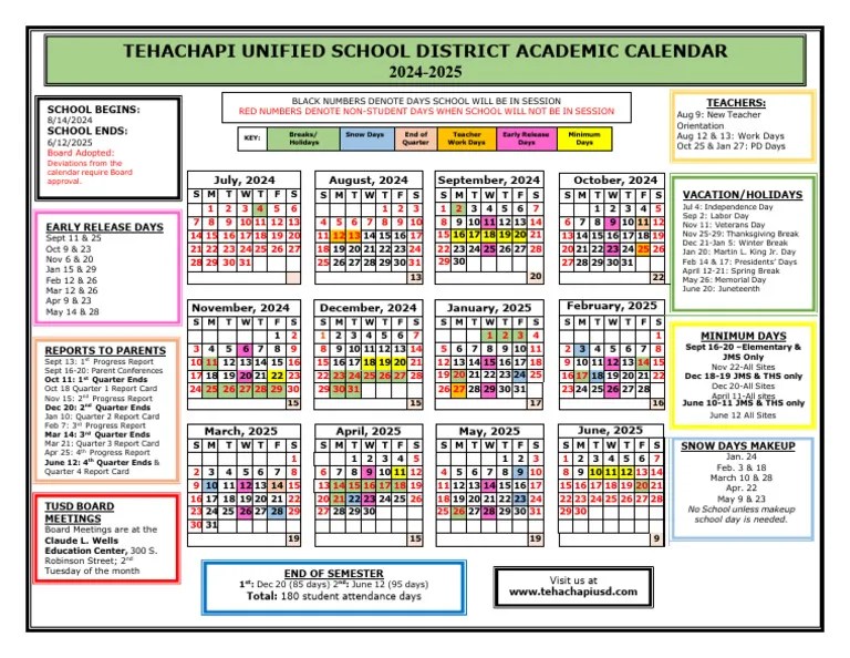 Tehachapi USD Academic Calendar 202425 PDF Observances Public
