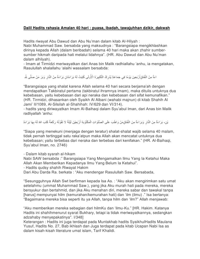 Dalil Hadits Rahasia Amalan 40 Hari | PDF